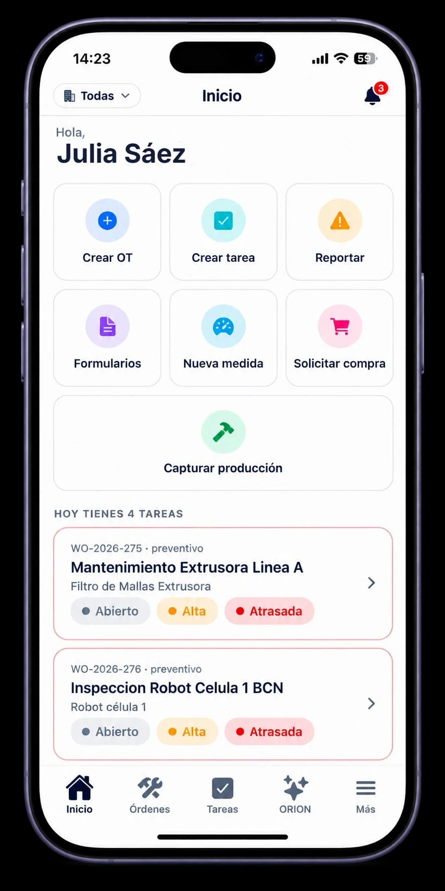 Pantalla de inicio de la app FluX: accesos para crear orden, crear tarea, reportar, formularios, nueva medida, solicitar compra y capturar producción, y debajo el trabajo del día con dos órdenes preventivas atrasadas