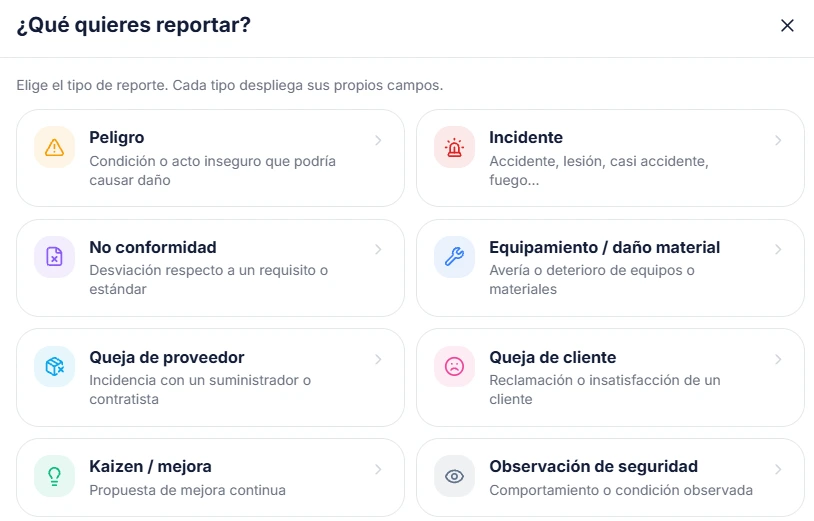 The new report screen in FluX: eight types to choose from, hazard, incident, non-conformity, equipment or material damage, supplier complaint, customer complaint, kaizen or improvement, and safety observation